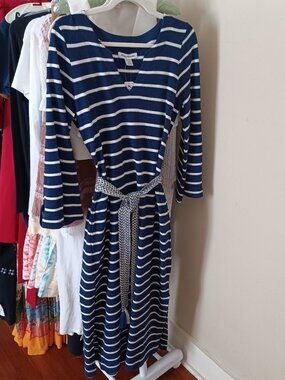NWT Classic Navy & White Striped Sporty Long Sleeve Cotton Midi Dress Size XS